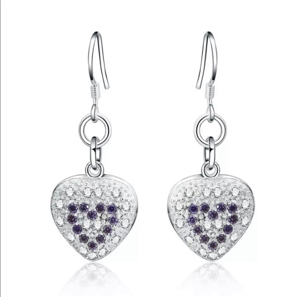Sterling Silver Heart Amethyst Crystal Earrings NEW - Picture 4 of 6
